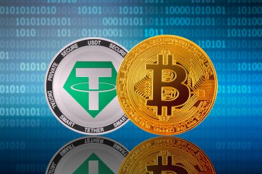 Bitcoin (BTC) and Tether (USDT) coins on the binary code background; bitcoin vs tether clipart