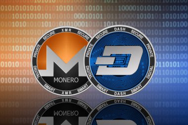 İkili kod arka planında Dash (DASH) ve Monero (XMR) sikkeleri; tire vs monero