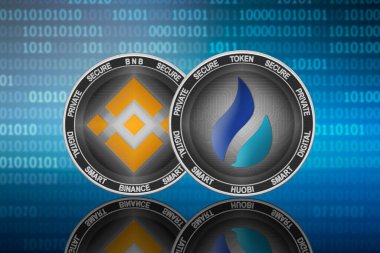 İkili kod arka planında Huobi Token (HT) ve Binance (BNB) sikkeleri; huobi ikiliye karşı
