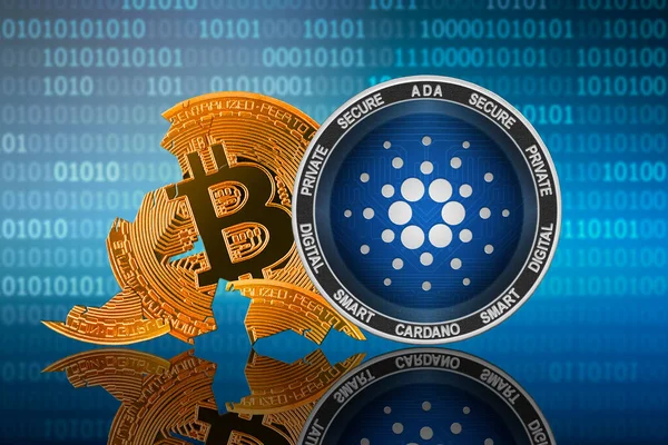 Cardano madeni parası ikili kod arka planında bozuk para bitcoin önünde durur; cardano lideri; bitcoin çökmesi