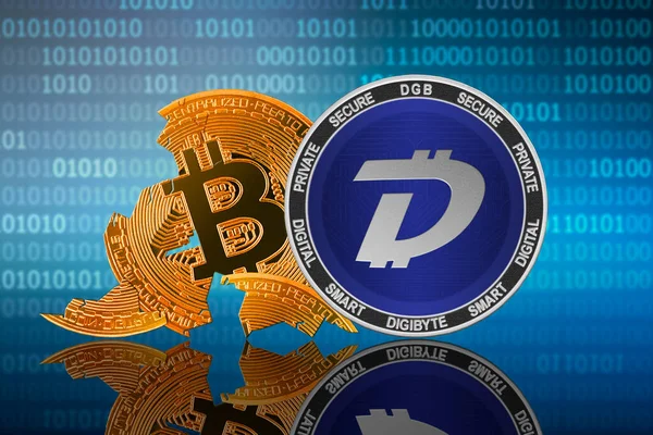 Монета Digibyte Dgb Стоит Перед Потрескавшейся Монетой Биткойна Фоне Двоичного — стоковое фото