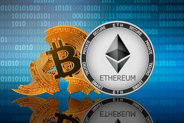 Ethereum Κέρμα Στέκεται Μπροστά Από Ραγισμένα Bitcoin Νόμισμα Φόντο Δυαδικό — Φωτογραφία Αρχείου