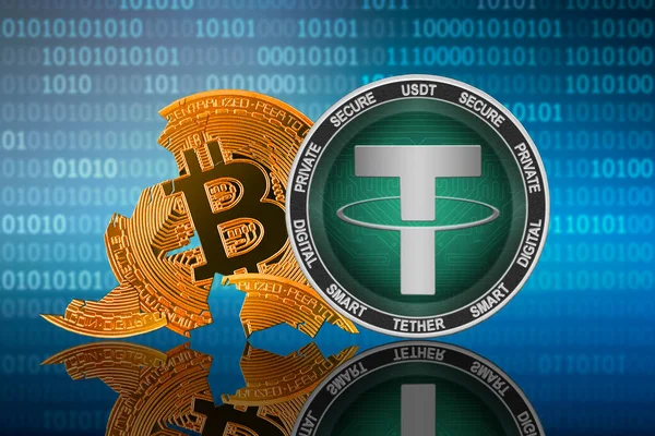 Tether Coin Encuentra Frente Moneda Agrietada Bitcoin Fondo Código Binario — Foto de Stock