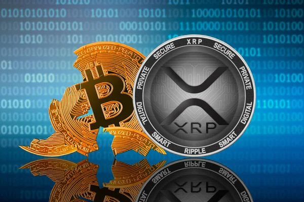 Xrp Mynt Står Framför Spruckna Mynt Bitcoin Binär Kod Bakgrund — Stockfoto
