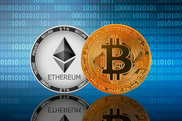 İkili kod arka planında Bitcoin (BTC) ve Ethereum (ETH) sikke; bitcoin vs ethereum