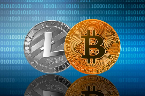 Bitcoin Btc Litecoin Ltc Монеты Фоне Бинарного Кода Bitcoin Litecoin — стоковое фото
