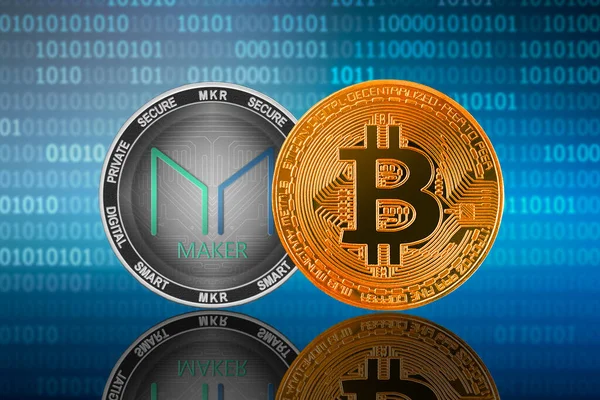 Монеты Bitcoin Btc Maker Mkr Фоне Двоичного Кода Bitcoin Maker — стоковое фото