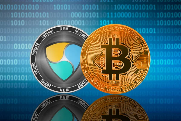 Монеты Bitcoin Btc Nem Xem Фоне Двоичного Кода Bitcoin Nem — стоковое фото