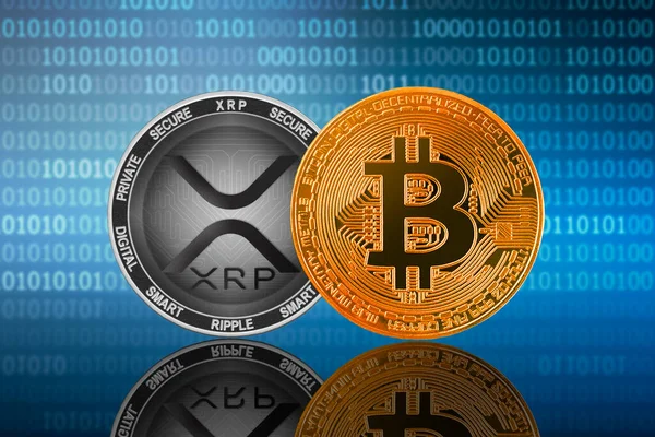 Bitcoin Btc Xrp Coin Фоне Бинарного Кода Bitcoin Xrp — стоковое фото