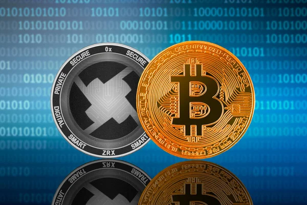 Монеты Bitcoin Btc Zrx Фоне Двоичного Кода Bitcoin — стоковое фото