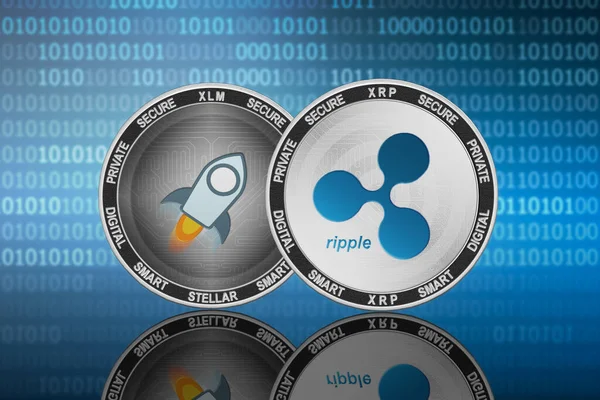 İkili kod arka planında dalgalanma (XRP) ve Stellar (XLM) sikkeleri; yıldızlara karşı dalgalanma