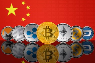 Çin bayrağının arka planında popüler kripto para birimleri. Bitcoin (BTC), Litecoin (LTC), Ethereum (ETH), Monero (XMR), Zcash (ZEC), Ripple (XRP), DASH