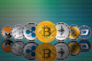 Popular cryptocurrency coins - Bitcoin (BTC), Litecoin (LTC), Ethereum (ETH), Monero (XMR), Zcash (ZEC), Ripple (XRP), DASH clipart