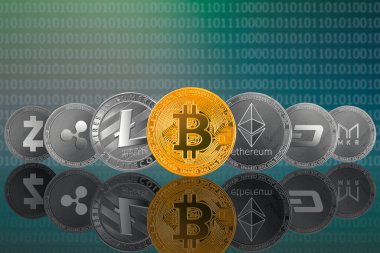 Kripto para birimleri - bitcoin (BTC), litekoin (LTC), ethereum (ETH), dalgalanma (XRP), Zcash (ZEC), DASH, MAKER (MKR). Lider olarak diğer kripto para birimlerinin önünde altın bitcoin