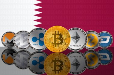 Katar bayrağının arka planında popüler kripto para birimleri. Bitcoin (BTC), Litecoin (LTC), Ethereum (ETH), Monero (XMR), Zcash (ZEC), Ripple (XRP), DASH