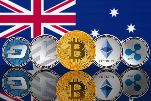 Криптовалютные Монеты Фоне Флага Австралии Bitcoin Btc Litecoin Ltc Ethereum — стоковое фото