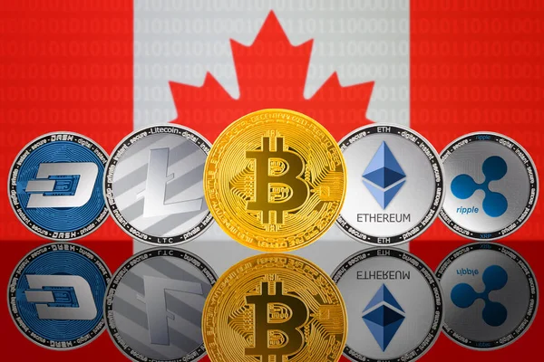 暗号通貨コイン Bitcoin Btc Litecoin Ltc Ethereum Eth Ripple Xrp Dashはカナダの国旗を背景にしています — ストック写真