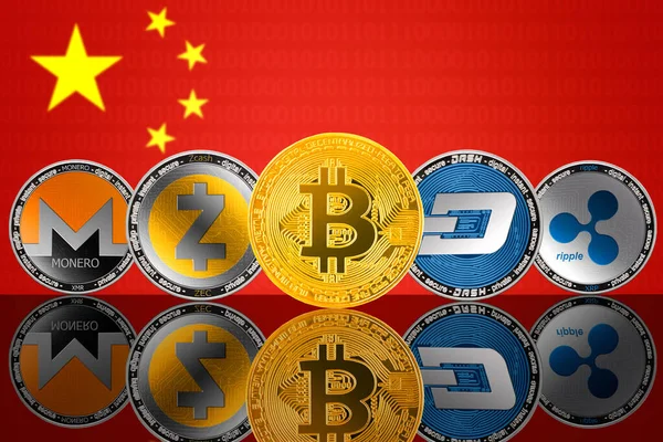 暗号通貨コイン Bitcoin Btc Monero Xmr Zcash Zec Ripple Xrp Dash中国の国旗を背景に — ストック写真