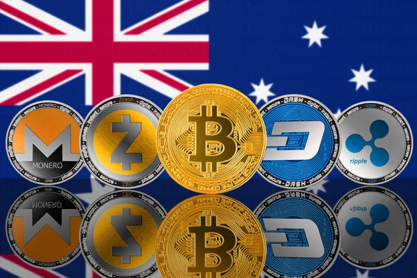 Криптовалютные Монеты Фоне Флага Австралии Bitcoin Btc Monero Xmr Zcash — стоковое фото