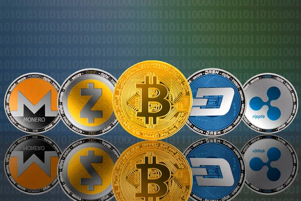 Монеты Криптовалюты Bitcoin Btc Monero Xmr Zcash Zec Ripple Xrp — стоковое фото