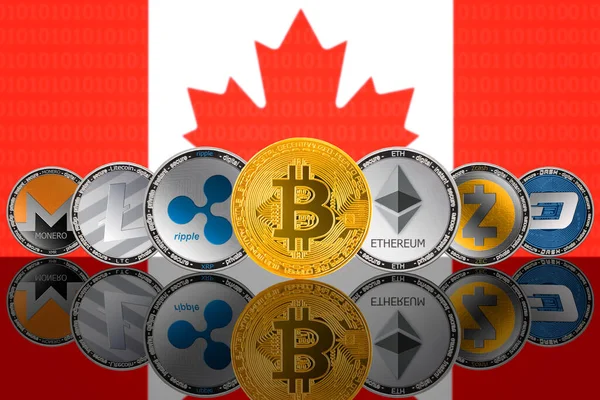 カナダの国旗を背景に人気の暗号通貨コイン Bitcoin Btc Litecoin Ltc Ethereum Eth Monero Xmr Zcash — ストック写真