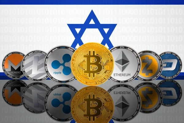 Популярные Криптовалютные Монеты Фоне Флага Израиля Bitcoin Btc Litecoin Ltc — стоковое фото