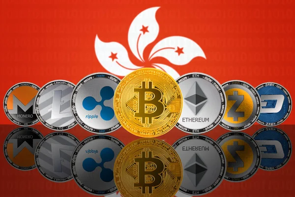 Популярные Криптовалютные Монеты Фоне Флага Гонконга Bitcoin Btc Litecoin Ltc — стоковое фото