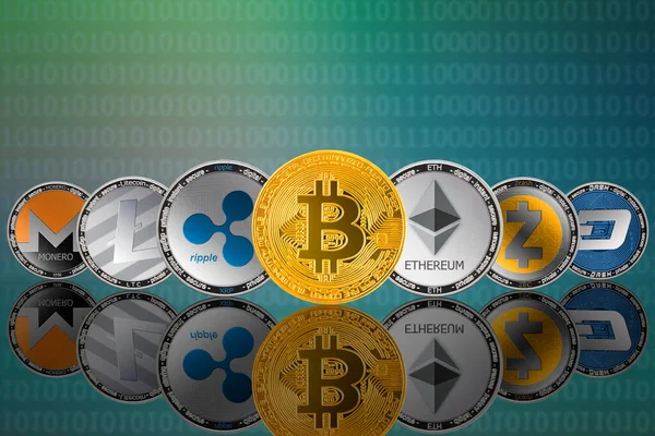 Beliebte Kryptowährungsmünzen Bitcoin Btc Litecoin Ltc Ethereum Eth Monero Xmr — Stockfoto