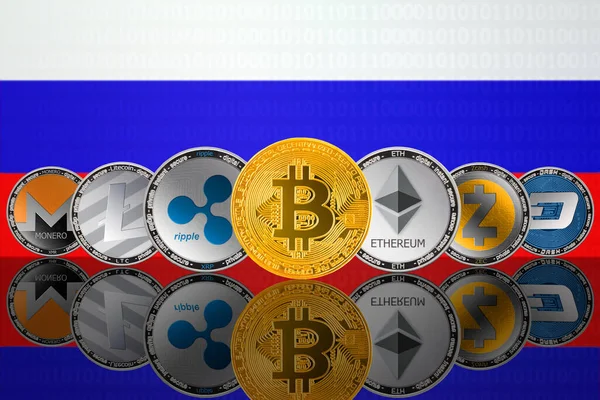 ロシアの国旗を背景に人気の暗号通貨コイン Bitcoin Btc Litecoin Ltc Ethereum Eth Monero Xmr Zcash — ストック写真