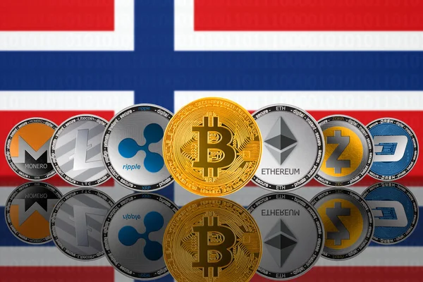 Norwayの旗を背景に人気の暗号通貨コイン Bitcoin Btc Litecoin Ltc Ethereum Eth Monero Xmr Zcash — ストック写真