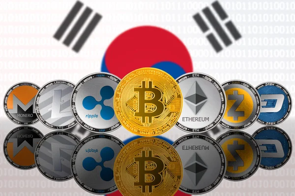 Популярные Криптовалютные Монеты Фоне Флага Южной Кореи Rok Bitcoin Btc — стоковое фото