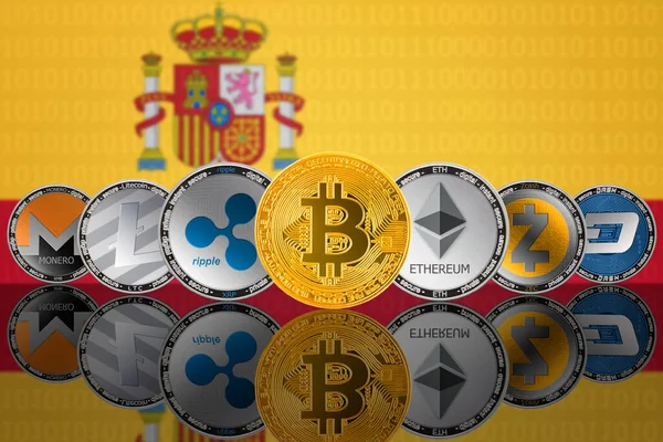 Популярные Криптовалютные Монеты Фоне Флага Испании Bitcoin Btc Litecoin Ltc — стоковое фото