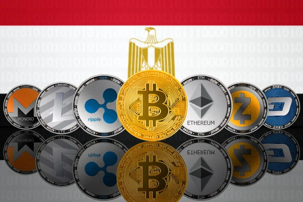 Популярные Криптовалютные Монеты Фоне Флага Египта Bitcoin Btc Litecoin Ltc — стоковое фото