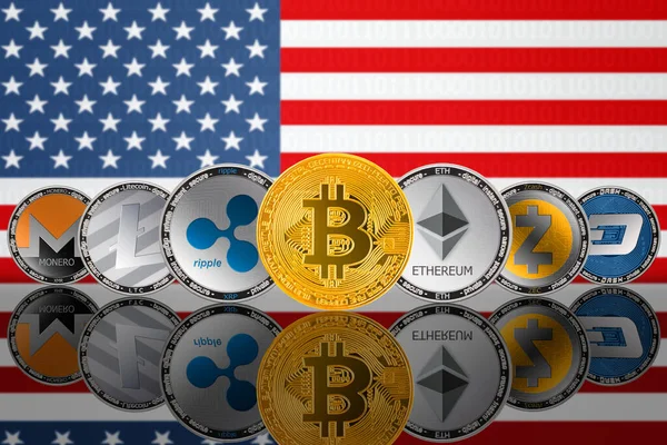 Populární Kryptoměnové Mince Pozadí Vlajky Spojených Států Amerických Usa Bitcoin — Stock fotografie