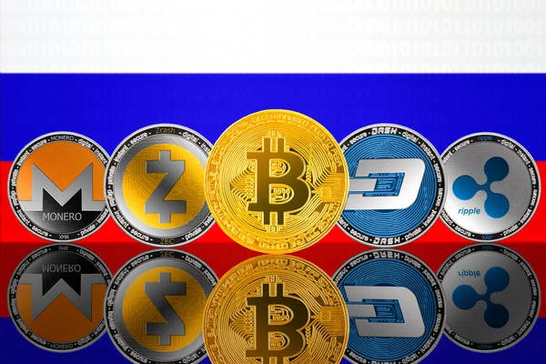 暗号通貨コイン Bitcoin Btc Monero Xmr Zcash Zec Ripple Xrp Dashはロシア — ストック写真
