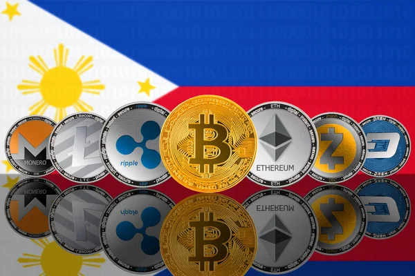 フィリピンの国旗を背景に人気の暗号通貨コイン Bitcoin Btc Litecoin Ltc Ethereum Eth Monero Xmr Zcash — ストック写真