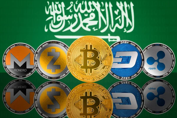Криптовалютные Монеты Фоне Флага Саудовской Аравии Кса Bitcoin Btc Monero — стоковое фото
