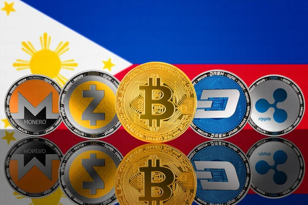 Криптовалютные Монеты Фоне Флага Филиппин Bitcoin Btc Monero Xmr Zcash — стоковое фото