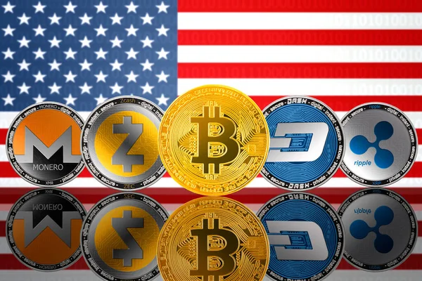 Kripto para birimleri - Bitcoin (BTC), Monero (XMR), Zcash (ZEC), Ripple (XRP), DASH (Amerika Birleşik Devletleri bayrağı). Ön görünüm