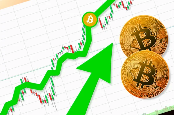 Bitcoin Salendo Bitcoin Criptovaluta Prezzo Fino Posto Testo Prezzo — Foto Stock