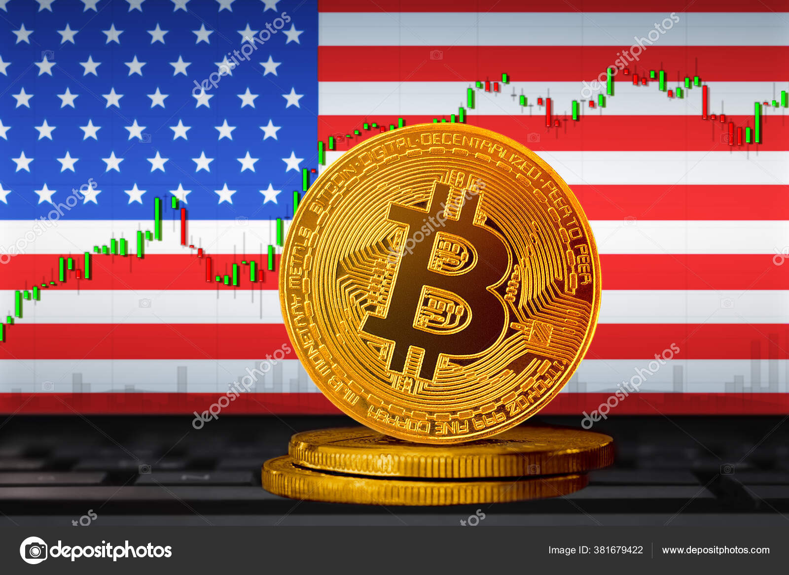 Bitcoin Usa 米国の国旗を背景にビットコイン Btc コイン — ストック編集用写真©AlekseyIvanov#381679422