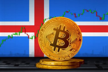 İzlanda bayrağının arka planında Bitcoin İzlanda; bitcoin (BTC) para