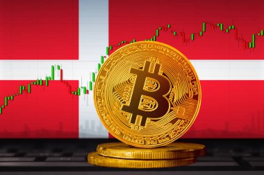 Bitcoin Danimarka; bitcoin (BTC) Danimarka bayrağının arka planında para