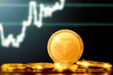 TETHER (USDT) cryptocurrency; TETHER golden coin on the background of the chart clipart