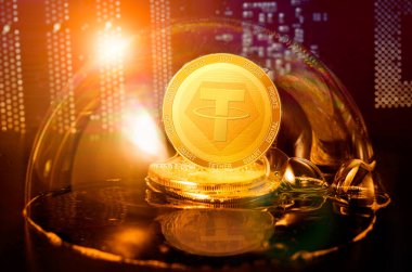 Tether bubble. Tether USDT coin in a soap bubble. Dangers and risks of investing to tether cryptocurrency. Speculation, drop, down clipart
