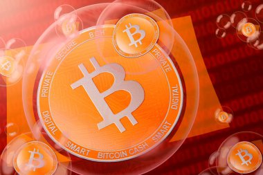 Bitcoin Cash çökmesi; Bitcoin Cash (BCH) ikili kod arka planında baloncuklar halinde para. Yakın plan.