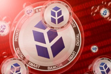 Bancor crash; Bancor (BNT) coins in a bubbles on the binary code background. Close-up clipart