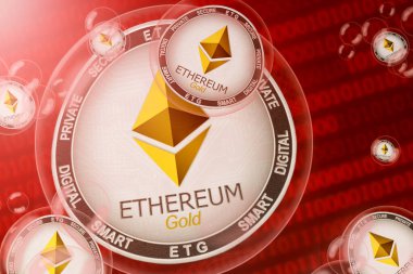 Ethereum Gold çökmesi; Ethereum Gold (ETG) ikili kod arkaplanındaki baloncuklardaki madeni paralar. Yakın plan.