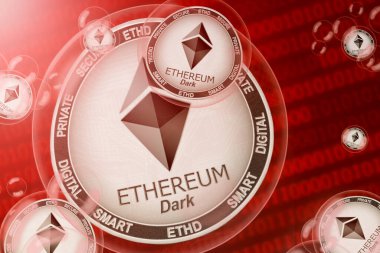 Ethereum Dark çökmesi; Ethereum Dark (ETHD) ikili kod arka planında baloncuklardaki paralar. Yakın plan.