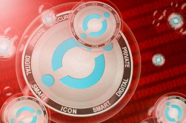 İkon para birimi çöküşü; İkili kod arka planında baloncuklar halinde ICON (ICX) sikkeleri. Yakın plan.